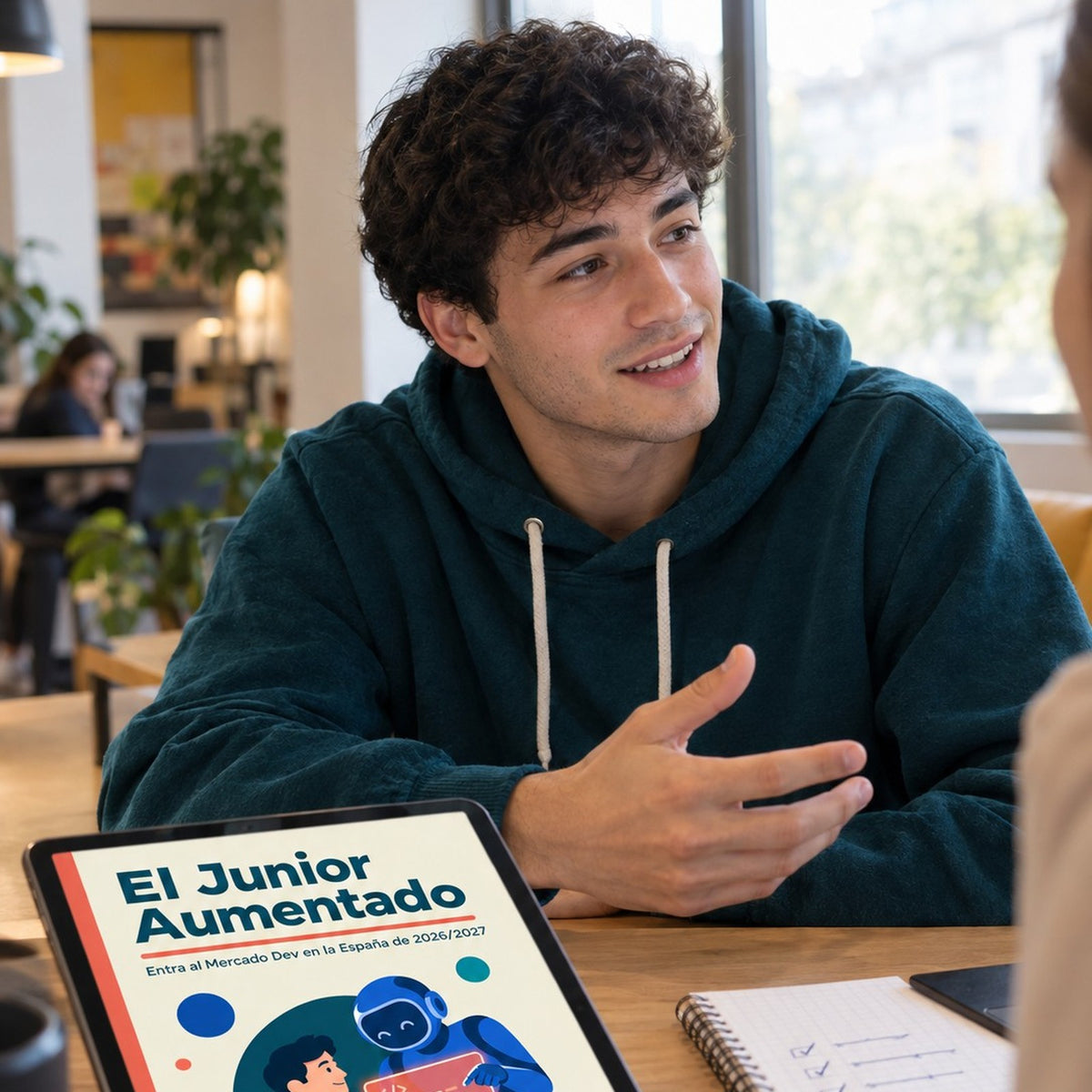 Desarrollador junior en una entrevista con el ebook El Junior Aumentado en la mesa