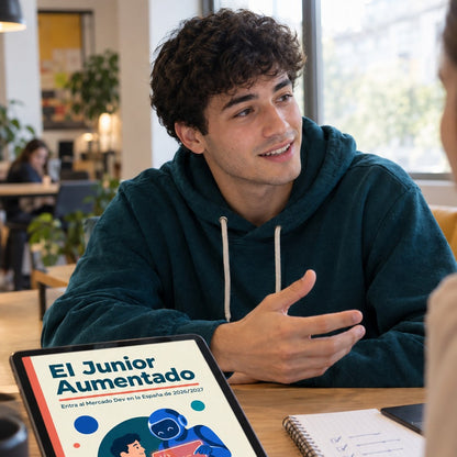 Desarrollador junior en una entrevista con el ebook El Junior Aumentado en la mesa
