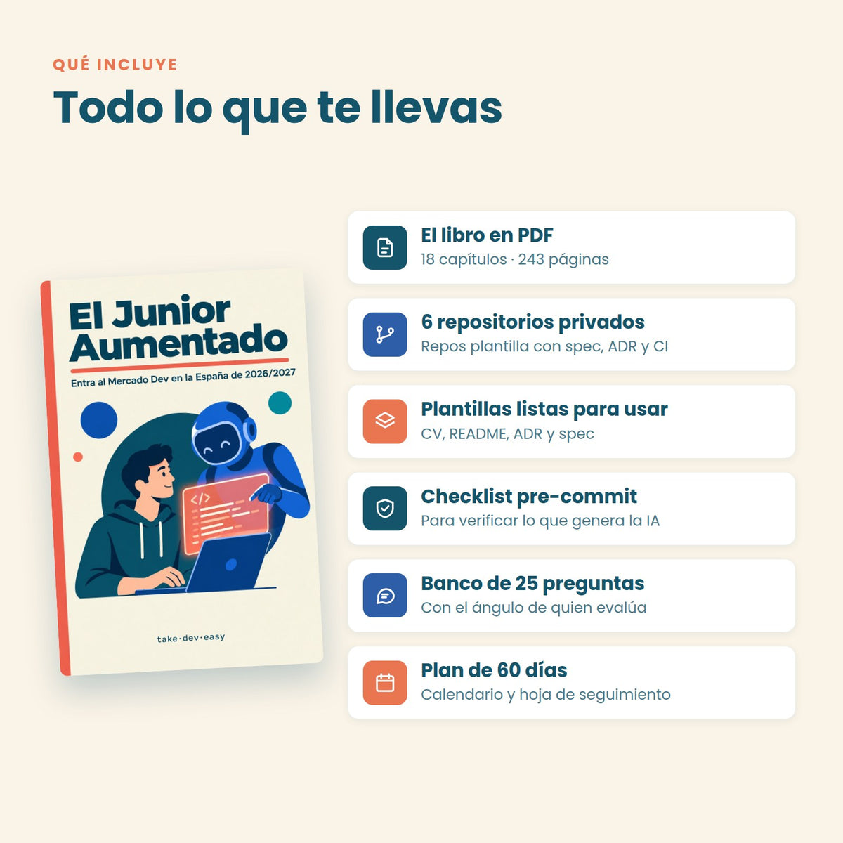 Qué incluye El Junior Aumentado: PDF de 243 páginas, 6 repositorios de GitHub, plantillas de CV, checklist, 25 preguntas de entrevista y plan de 60 días