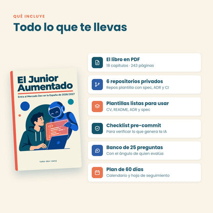 Qué incluye El Junior Aumentado: PDF de 243 páginas, 6 repositorios de GitHub, plantillas de CV, checklist, 25 preguntas de entrevista y plan de 60 días