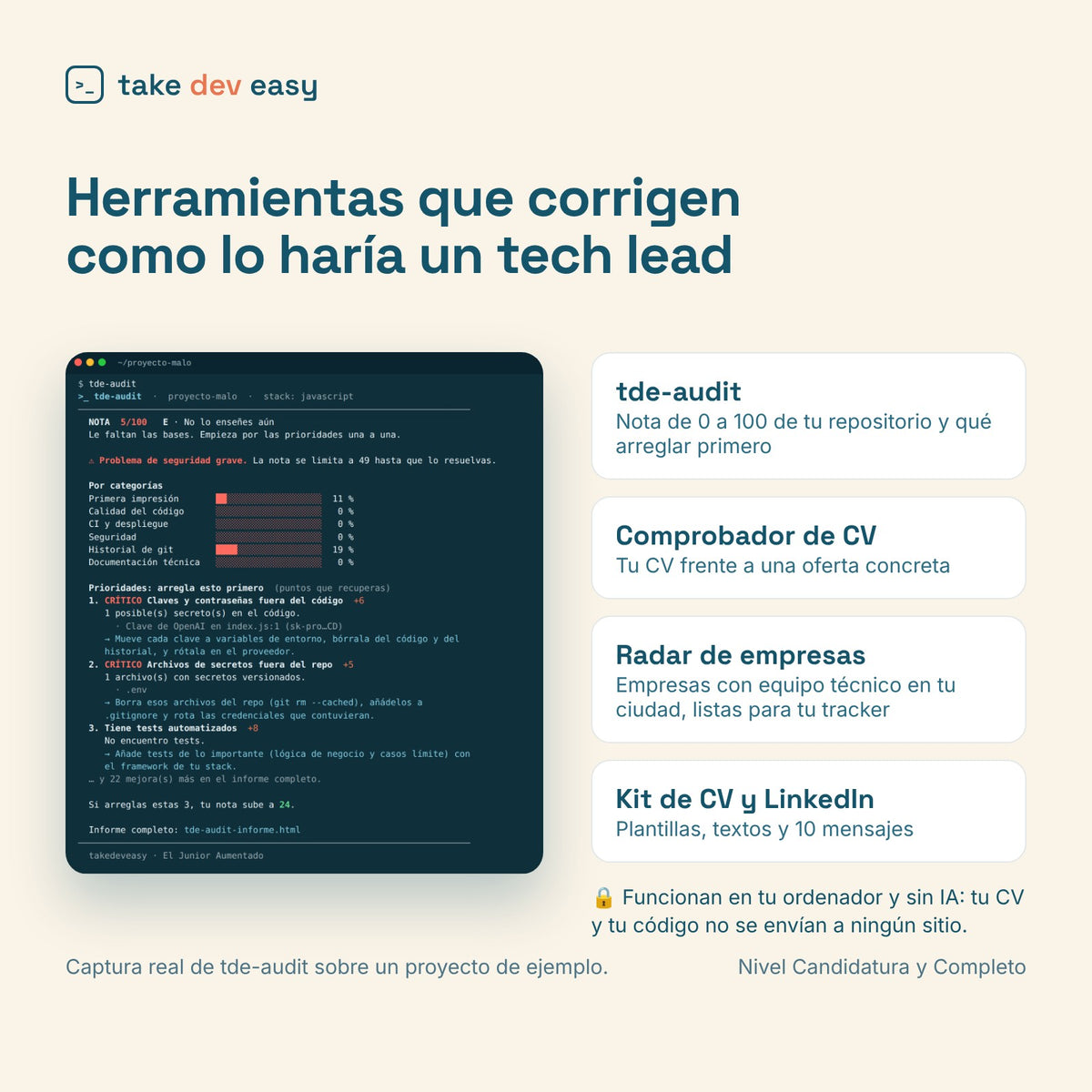 tde-audit, comprobador de CV, radar de empresas y kit de CV y LinkedIn, con una captura real de tde-audit