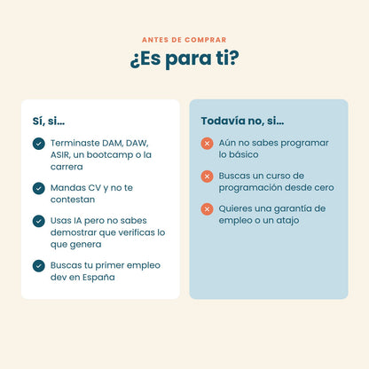 Para quién es El Junior Aumentado: juniors de DAM, DAW, ASIR, bootcamp o carrera que buscan su primer empleo dev
