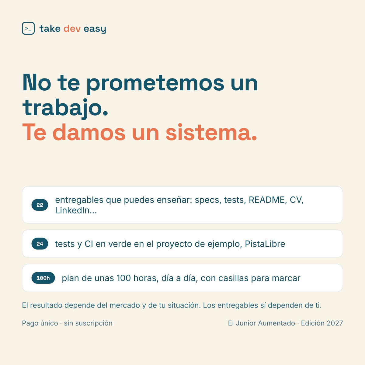No te prometemos un trabajo, te damos un sistema: 22 entregables, 24 tests y un plan de unas 100 horas