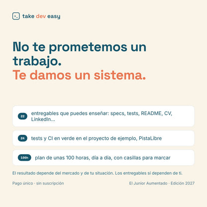 No te prometemos un trabajo, te damos un sistema: 22 entregables, 24 tests y un plan de unas 100 horas