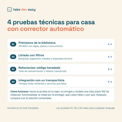 Cuatro pruebas técnicas para casa con corrector automático, incluidas en el nivel Completo
